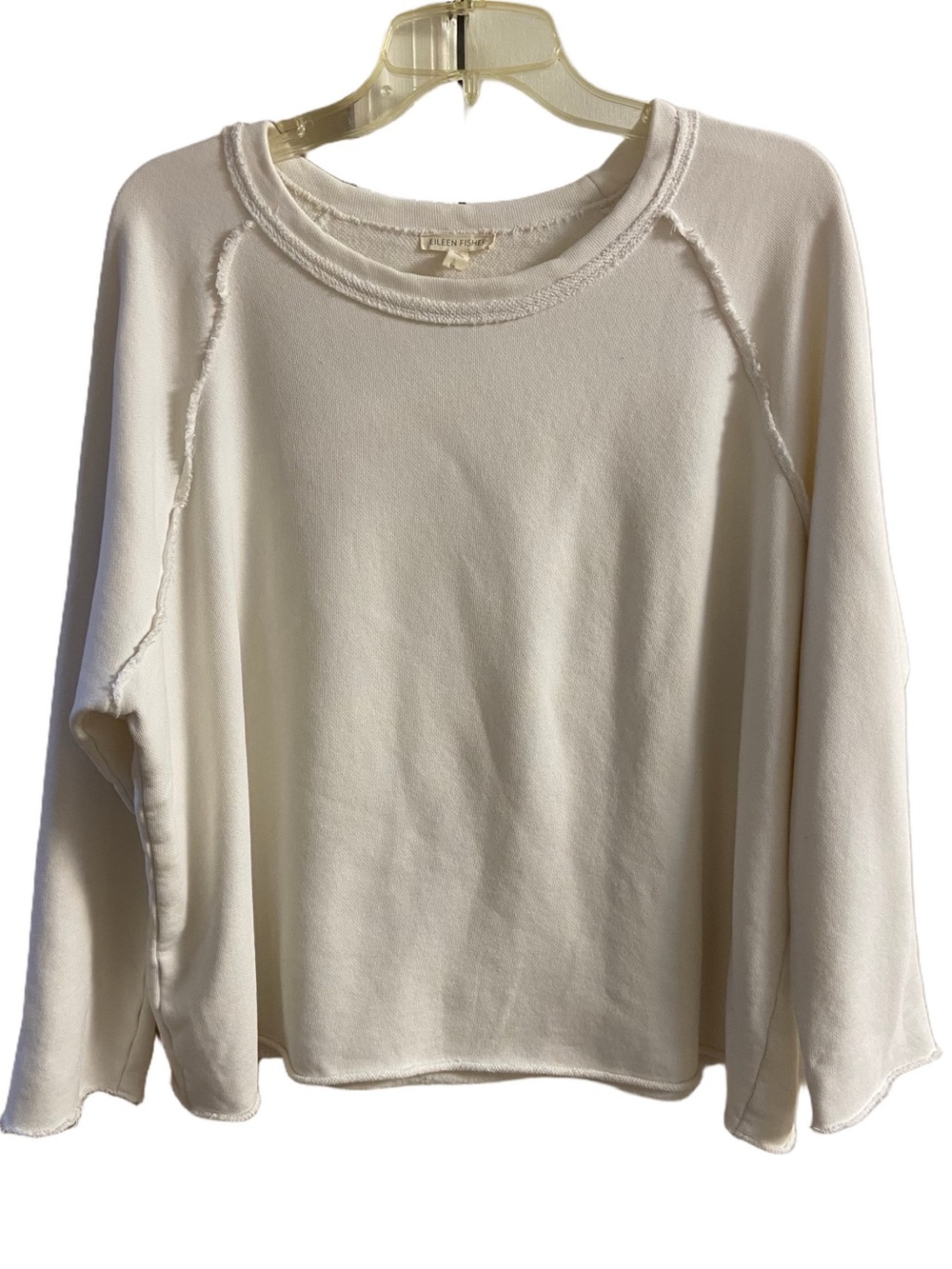 Eileen Fisher Ivory Organic Cotton Raw Edge Raglan Sweatshirt Pullover Oversized